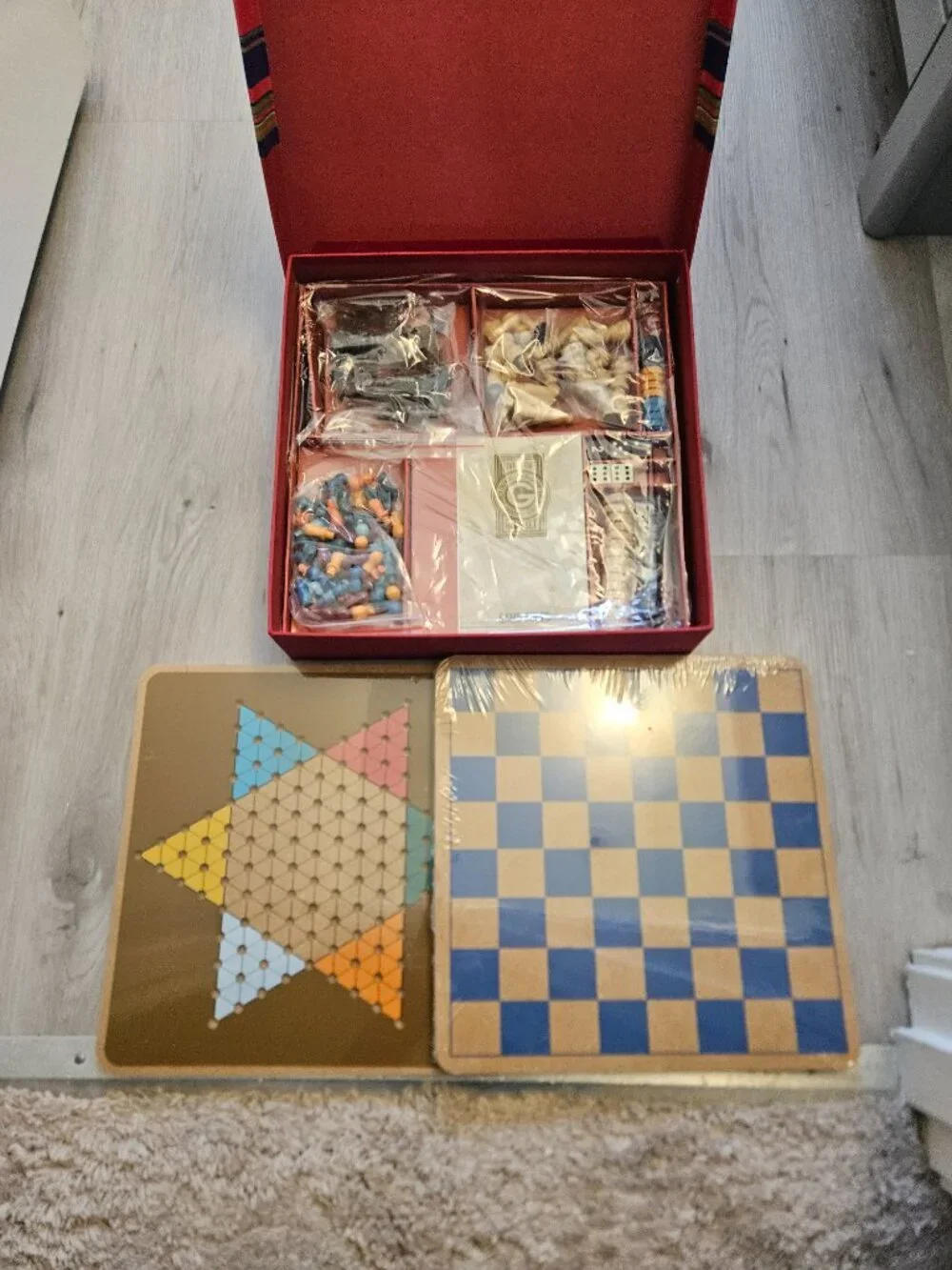 Deluxe Games Five-in-One Set featuring Chinese Checkers, Backgammon, Checkers, G
